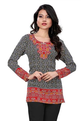 American Crepe Bandhani Style Short Kurti XS to XXL for Casual and Festive Wear Manufacturers, Suppliers, Exporters in Laem Chabang