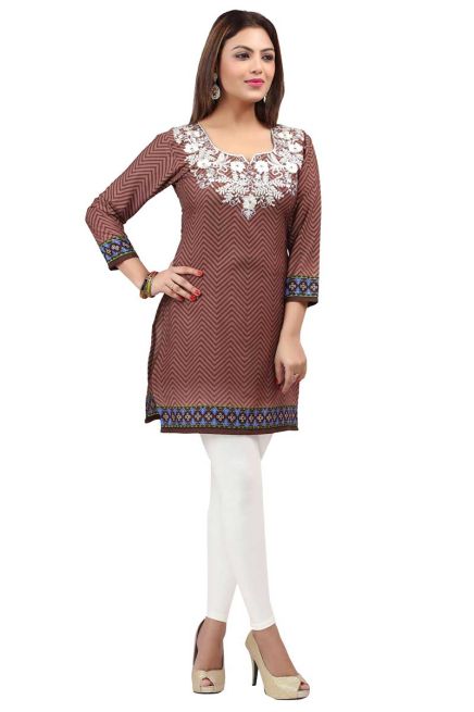 American Crepe Coffee White Printed Short Kurti with Intricate Embroidery XS to XXL Manufacturers  in Delhi