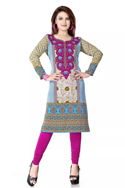 American Crepe Printed Long Kurtis with Stylish Neck Design for Casual Wear Manufacturers  in Delhi