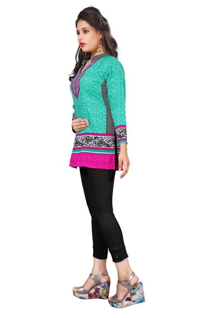 American Crepe Sea Green Short Kurti with Full Sleeves XS to XXL for Casual Wear Manufacturers  in Delhi