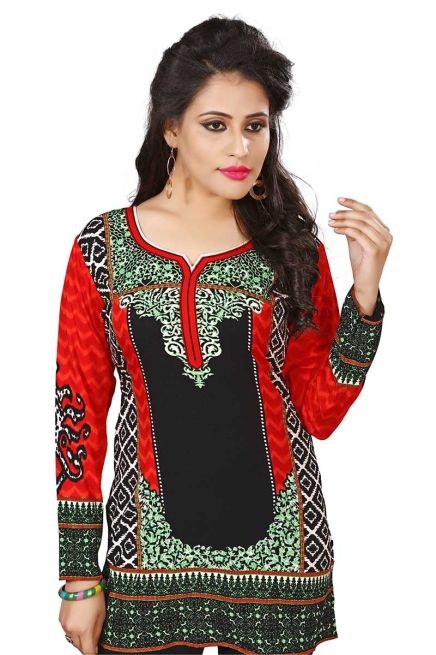 American Crepe Versatile Red and Black Short Kurti with Full Sleeves XS to XXL Manufacturers  in Delhi