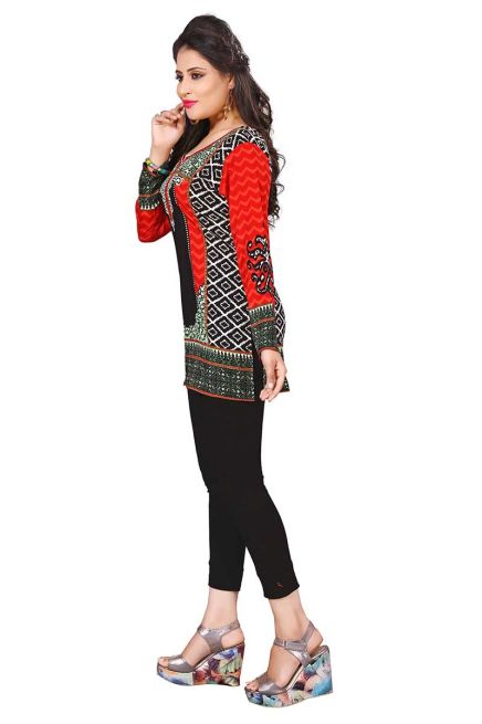 American Crepe Versatile Red and Black Short Kurti with Full Sleeves XS to XXL Manufacturers  in Delhi