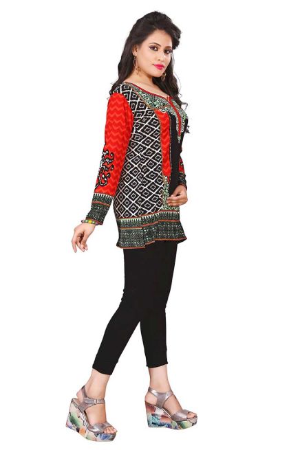 American Crepe Versatile Red and Black Short Kurti with Full Sleeves XS to XXL Manufacturers  in Delhi