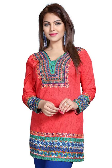 Attractive Red American Crepe Printed Short Tunic Kurti XS to XXL for Casual Wear Manufacturers  in Delhi