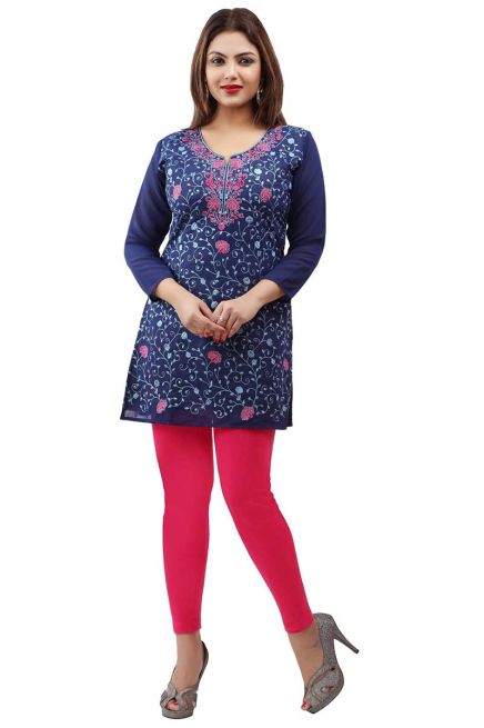 Beautiful Navy Blue Embroidered Georgette Short Kurti with Lining XS to XXL Manufacturers  in Delhi