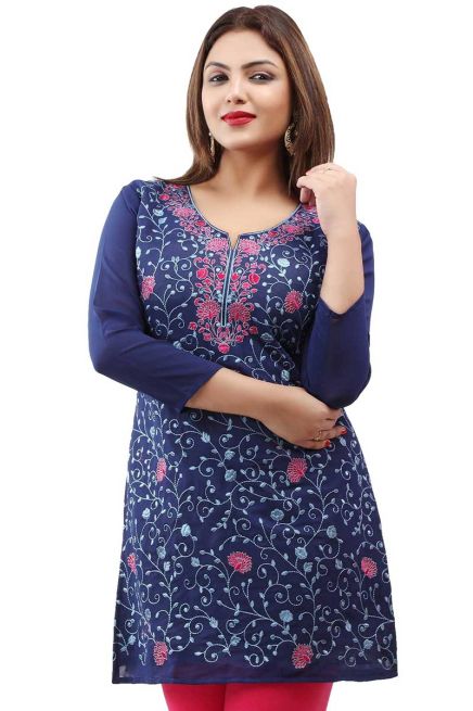 Beautiful Navy Blue Embroidered Georgette Short Kurti with Lining XS to XXL Manufacturers  in Delhi