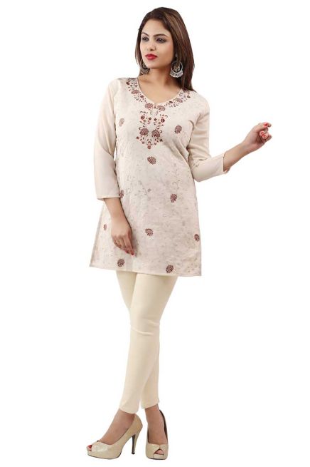 Beautiful White Embroidered Georgette Short Kurti with Lining XS to XXL for Casual Wear Manufacturers  in Delhi