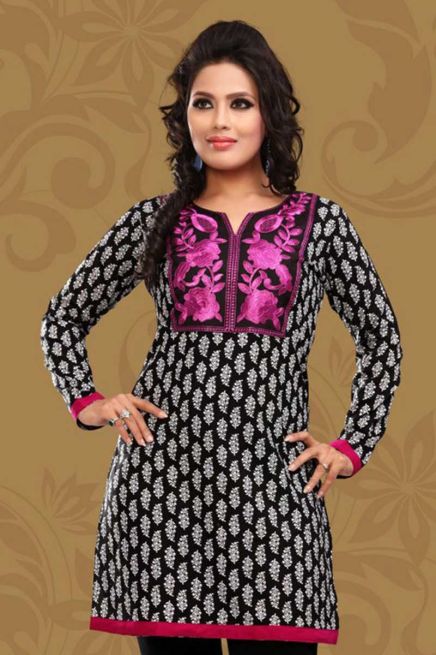 Beautifully Embroidered Black and Pink Cotton Kurti with Full Sleeves for Everyday Wear Manufacturers  in Delhi