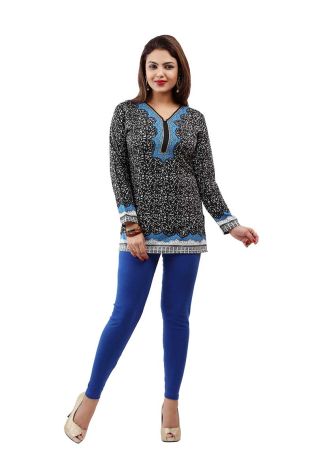 Black and Blue American Crepe Printed Short Kurti with Full Sleeves XS to XXL Manufacturers, Suppliers, Exporters in Hungary