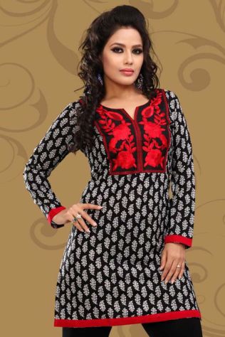 Black and Red Cotton Kurti with Beautiful Embroidered Patchwork and Full Sleeves Manufacturers, Suppliers, Exporters in Theni