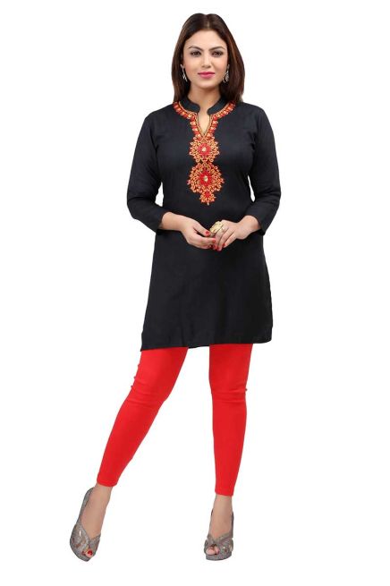  Black Embroidered Short Kurti with Full Sleeves Regular Fit for Casual Outings Sizes S XL Manufacturers  in Delhi