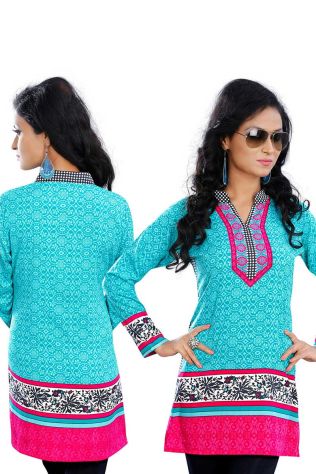 Blue and Pink American Crepe Short Tunic Kurtis Ideal for Casual Wear Sizes S to XL Manufacturers, Suppliers, Exporters in Budaun