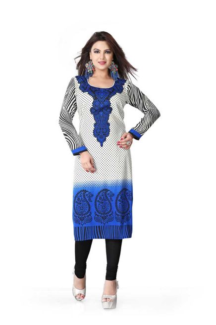 Blue and White American Crepe Long Straight Kurti Ideal for Casual or Semi Formal Wear Sizes S to XL Manufacturers  in Delhi