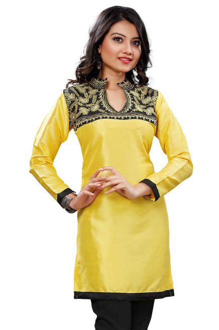 Bright Yellow Full Sleeve Kurti with Elegant Embroidery Regular Fit S M L XL Manufacturers  in Delhi