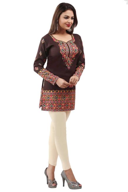 Brown American Crepe Full Sleeve Printed Kurti Comfortable Relaxed Fit for Everyday Outings Manufacturers  in Delhi