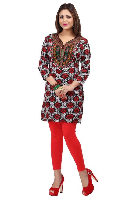 Brown Floral Printed and Embroidered Short Kurti with Full Sleeves Regular Fit for Casual Outings Sizes S XL Manufacturers  in Delhi