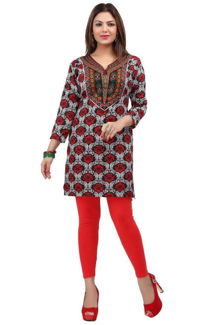 Brown Floral Printed and Embroidered Short Kurti with Full Sleeves Regular Fit for Casual Outings Sizes S XL Manufacturers  in Delhi