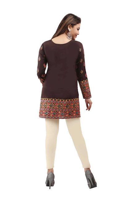 Casual American Crepe Brown Printed Short Kurti with Full Sleeves Sizes XS to XXL Manufacturers  in Delhi