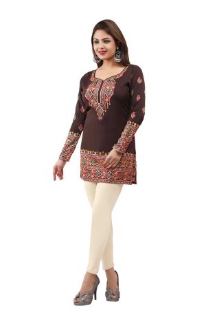 Casual American Crepe Brown Printed Short Kurti with Full Sleeves Sizes XS to XXL Manufacturers, Suppliers, Exporters in Buraydah