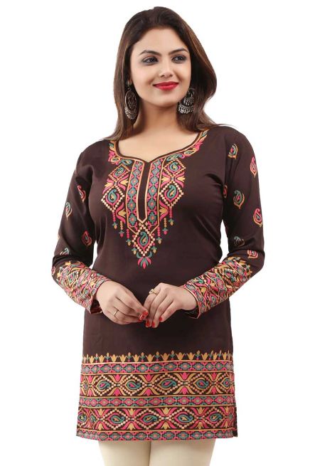 Casual American Crepe Brown Printed Short Kurti with Full Sleeves Sizes XS to XXL Manufacturers  in Delhi