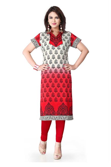 Chic Red and White American Crepe Long Kurti with Elegant Design Manufacturers  in Delhi