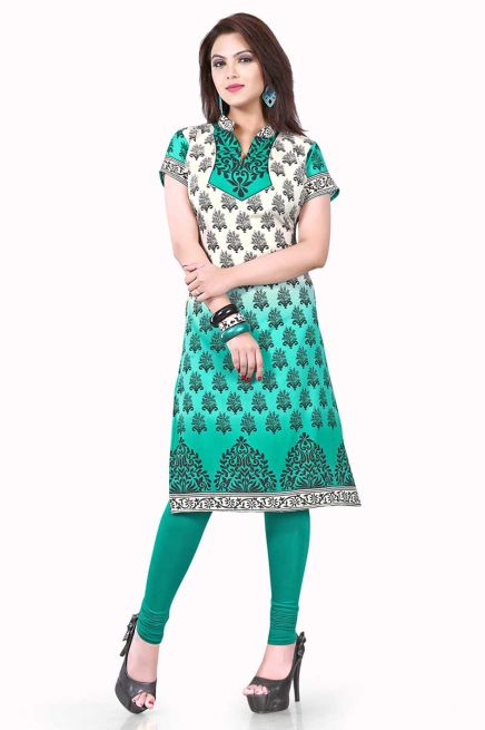 Chic Turquoise and White A Line Long Kurti in American Crepe for Casual Style Manufacturers  in Delhi