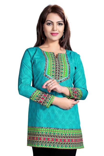 Chic Turquoise Short Kurti with Amazing Neck Pattern for Everyday Wear Manufacturers  in Delhi