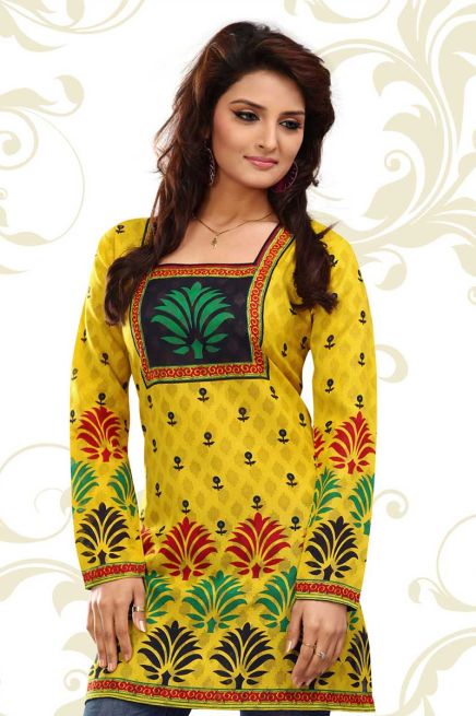 Chic Yellow Short Kurti with Stylish Square Neck and Butta Prints Regular Fit S to XL Manufacturers  in Delhi