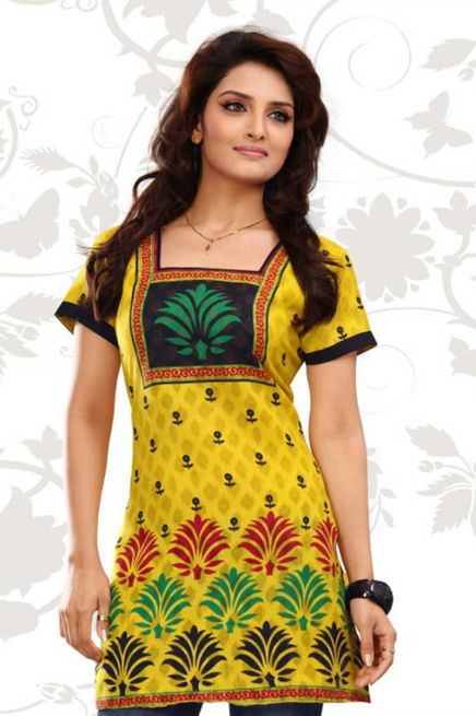 Chic Yellow Short Kurti with Stylish Square Neck and Butta Prints Regular Fit S to XL Manufacturers  in Delhi