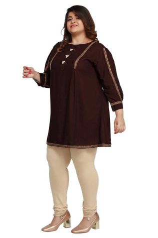 Coffee Plus Size Short Kurti with Accessory Detailing and Lace Work Perfect for Casual Wear Sizes XL 3XL Manufacturers, Suppliers, Exporters in Hailakandi