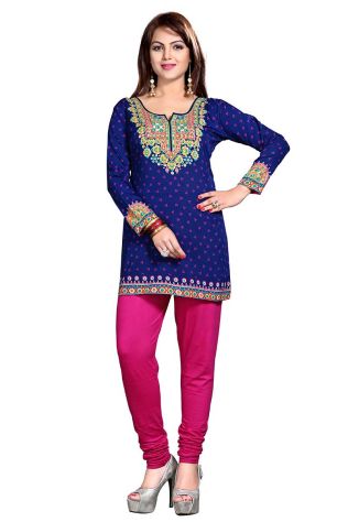 Comfortable Blue French Jacquard Kurti with Bandhani Design for Festive and Casual Events Manufacturers, Suppliers, Exporters in Tilak Nagar