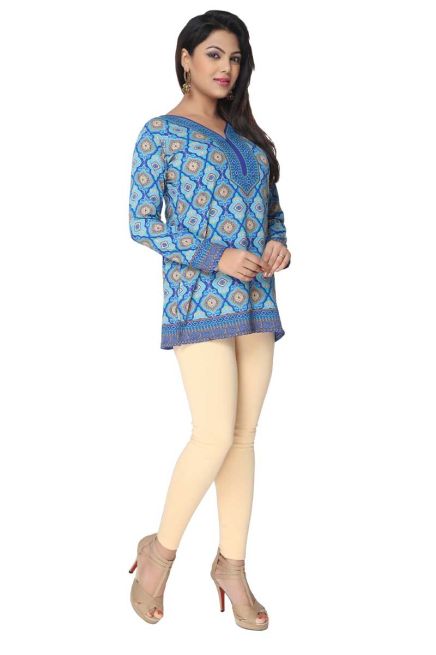 Comfortable Blue Printed Short Kurti with Full Sleeves for Daily and Festive Occasions Manufacturers  in Delhi