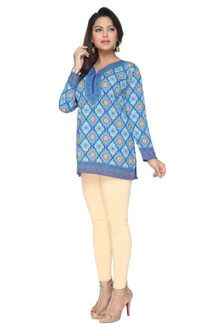 Comfortable Blue Printed Short Kurti with Full Sleeves for Daily and Festive Occasions Manufacturers  in Delhi