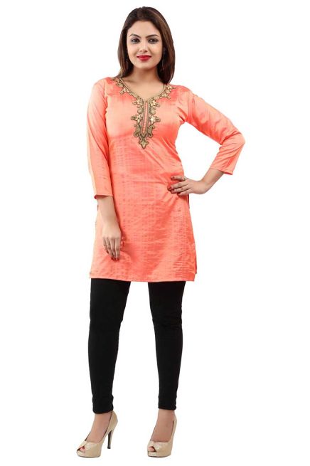 Comfortable Peach Handwork Embroidered Short Kurti with Full Sleeves for Daily Fashion Manufacturers  in Delhi