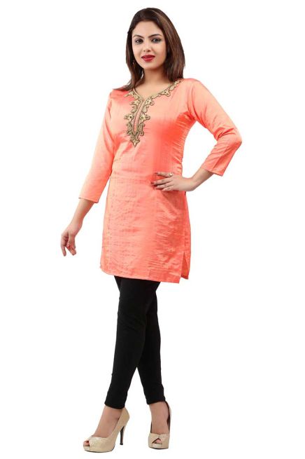 Comfortable Peach Handwork Embroidered Short Kurti with Full Sleeves for Daily Fashion Manufacturers  in Delhi