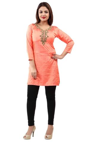 Comfortable Peach Handwork Embroidered Short Kurti with Full Sleeves for Daily Fashion Manufacturers, Suppliers, Exporters in Jharkhand