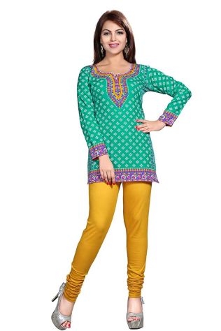 Comfortable Turquoise French Jacquard Printed Full Sleeves Kurti for Everyday Wear Manufacturers, Suppliers, Exporters in Buraydah