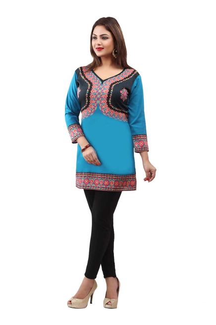 Elegant Blue Full Sleeve Kurti in Jacket Style with Printed Designs Perfect for Special Occasions Sizes S to XL Manufacturers  in Delhi