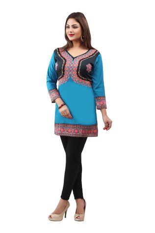 Elegant Blue Full Sleeve Kurti in Jacket Style with Printed Designs Perfect for Special Occasions Sizes S to XL Manufacturers, Suppliers, Exporters in Delhi