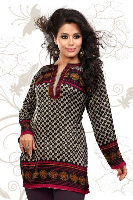 Elegant Brown and Pink French Jacquard Butta Print Kurti Semi Fitted for Casual and Festive Wear Manufacturers  in Delhi