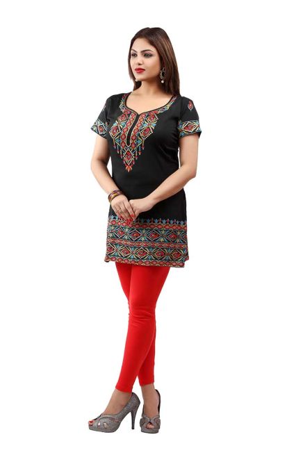 Elegant Dark Charcoal Printed Short Kurti with Half Sleeves Casual Fit Available in S XL Manufacturers  in Delhi