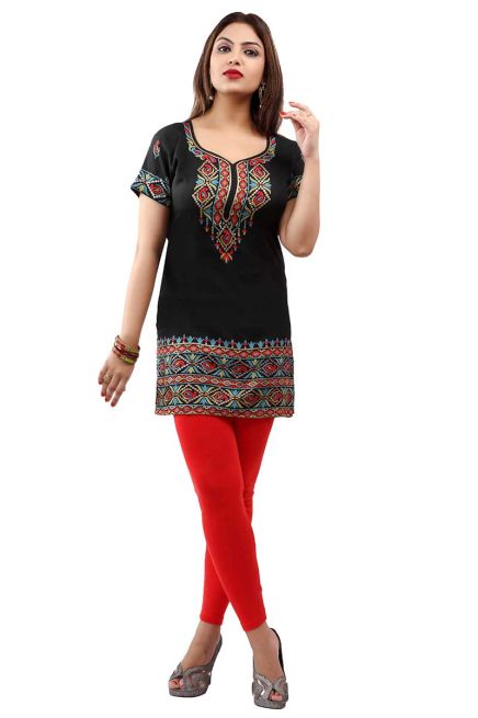 Elegant Dark Charcoal Printed Short Kurti with Half Sleeves Casual Fit Available in S XL Manufacturers  in Delhi