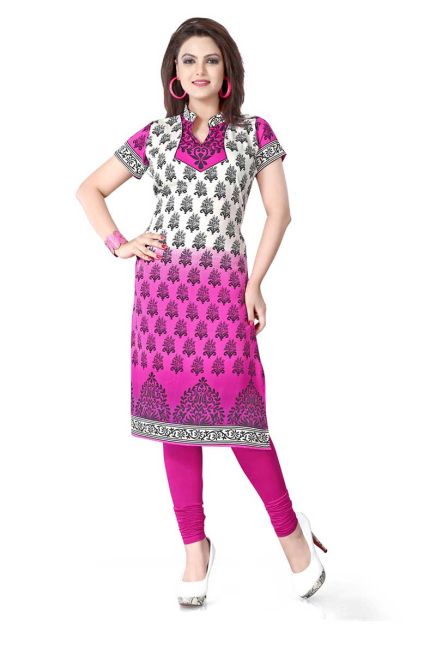 Elegant Pink and White Long Kurti with A Line Fit in Soft American Crepe Manufacturers  in Delhi