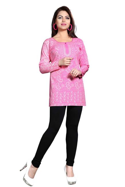 Elegant Pink French Jacquard Printed Short Kurti for Casual Wear XS to XXL Manufacturers  in Delhi