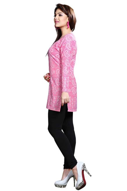 Elegant Pink French Jacquard Printed Short Kurti for Casual Wear XS to XXL Manufacturers  in Delhi