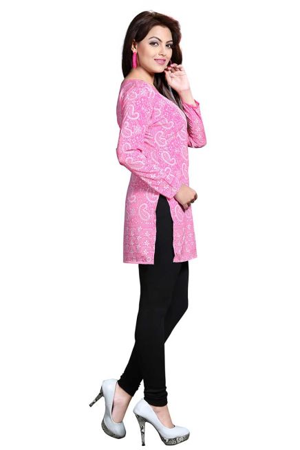 Elegant Pink French Jacquard Printed Short Kurti for Casual Wear XS to XXL Manufacturers  in Delhi