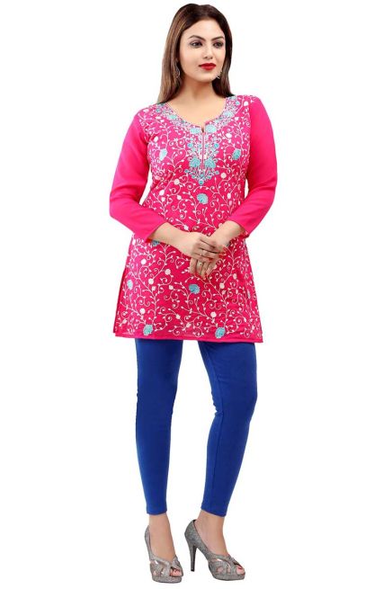 Elegant Pink Georgette Short Kurti with Embroidery and Comfort Lining XS to XXL Manufacturers  in Delhi