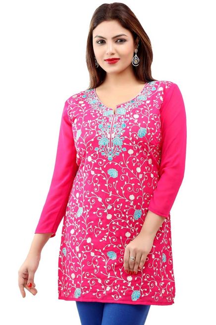 Elegant Pink Georgette Short Kurti with Embroidery and Comfort Lining XS to XXL Manufacturers  in Delhi