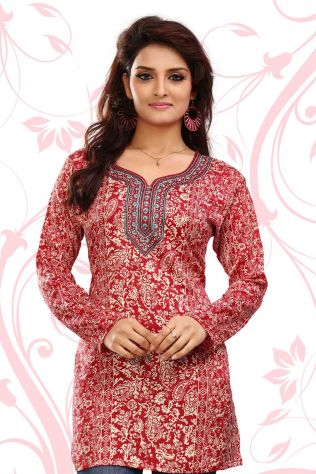 Elegant Red French Jacquard Kurti with Silky Print for Casual Outings XS to XXL Manufacturers, Suppliers, Exporters in Theni