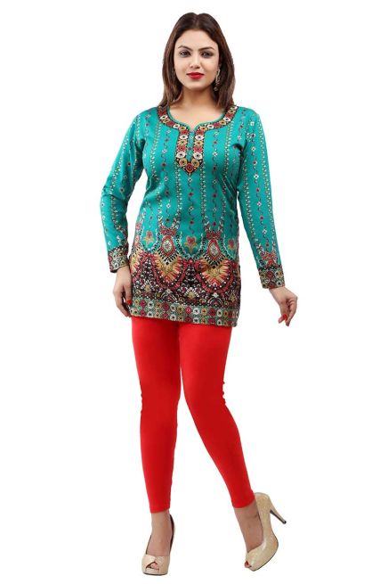 Elegant Turquoise French Jacquard Printed Short Kurti with Full Sleeves Manufacturers  in Delhi